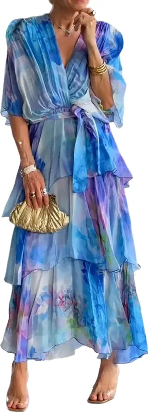 Women's Blue Watercolor Print Short Sleeve Maxi Dress Ruched Waist Ruffle Tiered Hem Dresses Vacation Beach Outfits