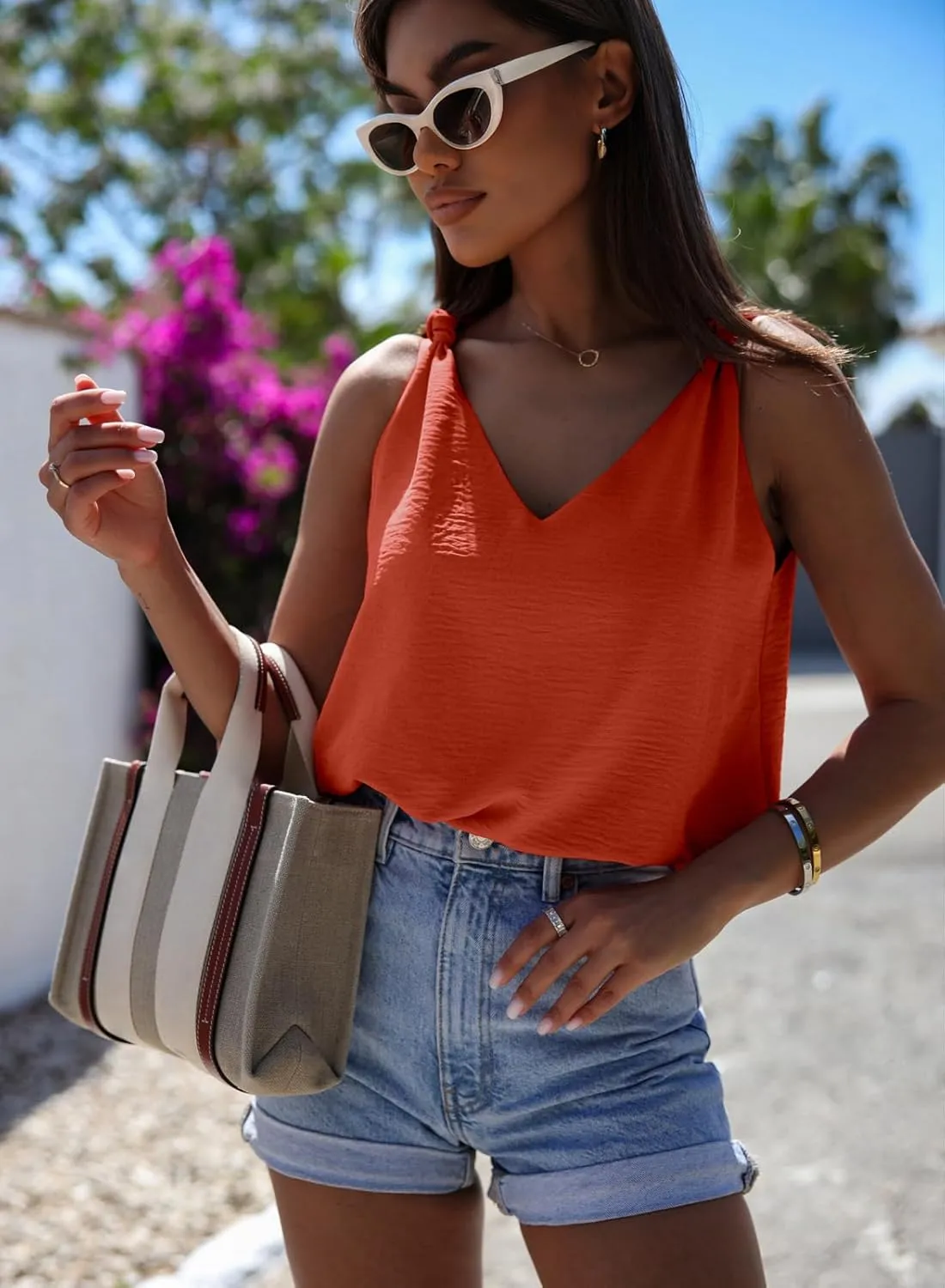 Womens Casual Fashion Tanks Tops V Neck Knotted Detail Tank Tops Sleeveless Blouses Shirts