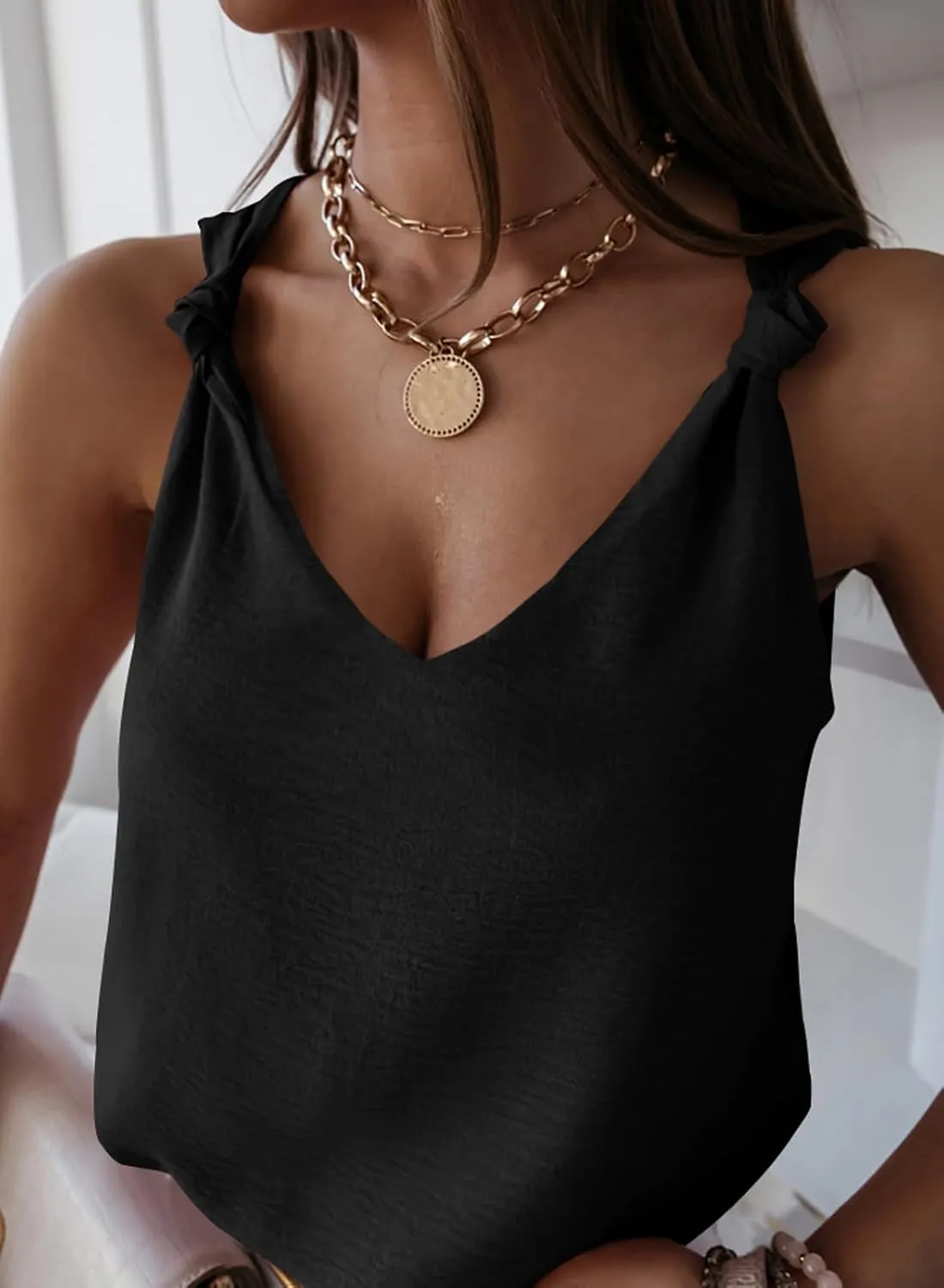 Womens Casual Fashion Tanks Tops V Neck Knotted Detail Tank Tops Sleeveless Blouses Shirts