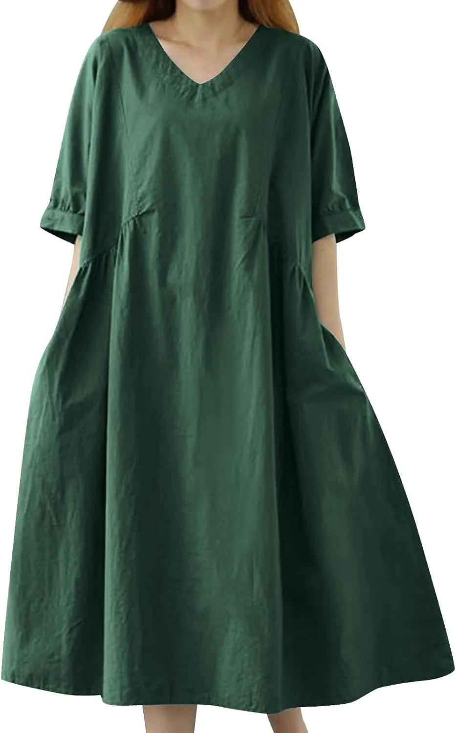 Womens Casual Loose Cotton Linen Dresses Summer Lightweight Breathable V Neck Half Sleeve Flowy Midi House Dress