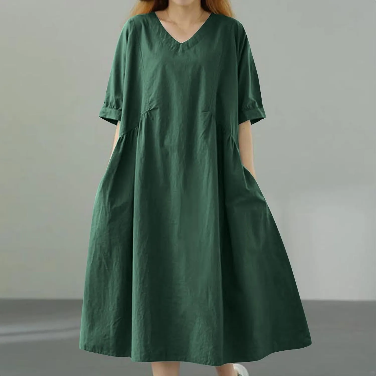 Womens Casual Loose Cotton Linen Dresses Summer Lightweight Breathable V Neck Half Sleeve Flowy Midi House Dress