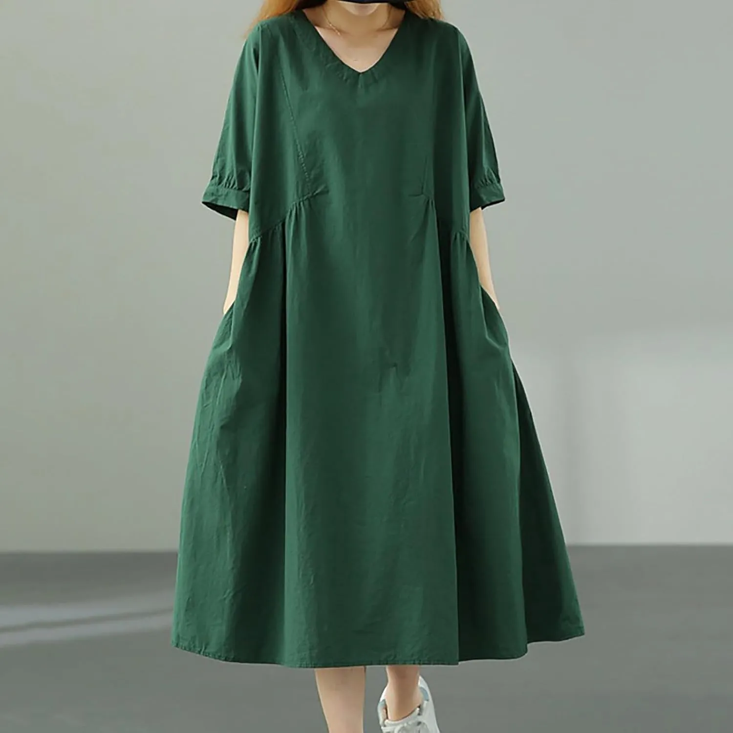 Womens Casual Loose Cotton Linen Dresses Summer Lightweight Breathable V Neck Half Sleeve Flowy Midi House Dress