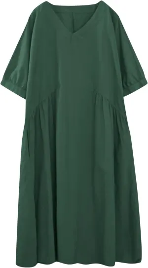 Womens Casual Loose Cotton Linen Dresses Summer Lightweight Breathable V Neck Half Sleeve Flowy Midi House Dress