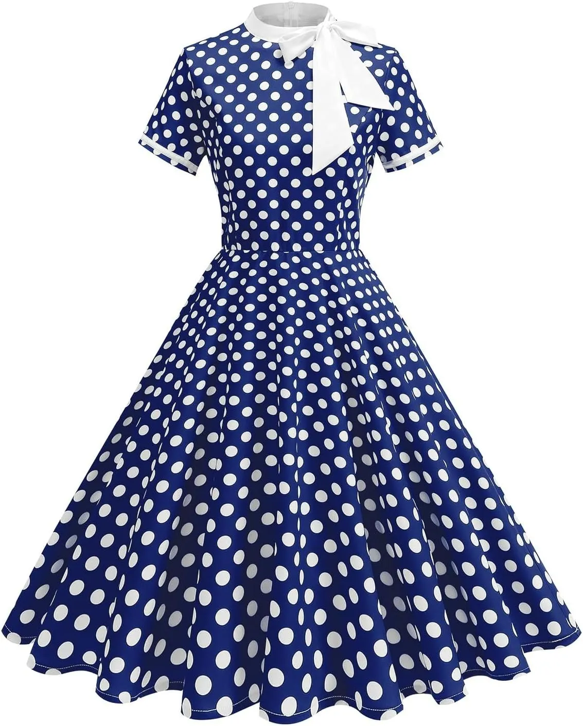 Womens Casual Prom Swing Dress Short Sleeve Tie Neck Vintage Cocktail Party Dress Polka Dot 50s Flared A-Line Gowns