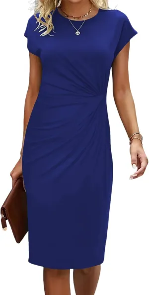 Womens Casual Summer Dresses Elegant Short Sleeve O Neck Waist Twist Midi Sundress Light Weight Vacation Beach Dress