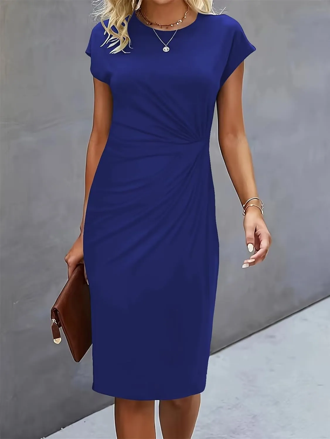 Womens Casual Summer Dresses Elegant Short Sleeve O Neck Waist Twist Midi Sundress Light Weight Vacation Beach Dress