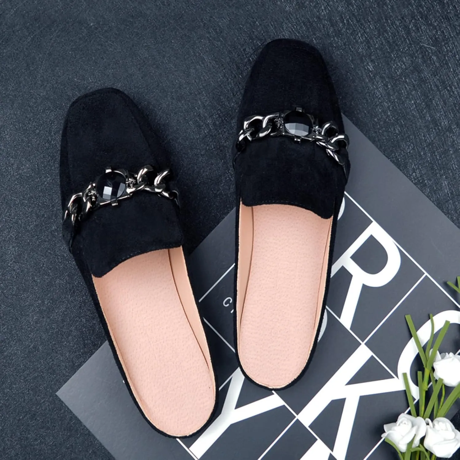 Women's Chain Pearl Square Toe Suede Backless Mule,Fashion Comfortable Flat Slip on Half Slippers Closed Toe Loafer Shoes