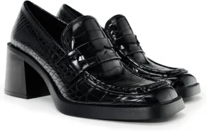 Women's Chunky Low Heel Loafer Pumps Square Toe Comfortable Slip-On Solid Single Shoes Platform Sole Crocodile Pattern Black