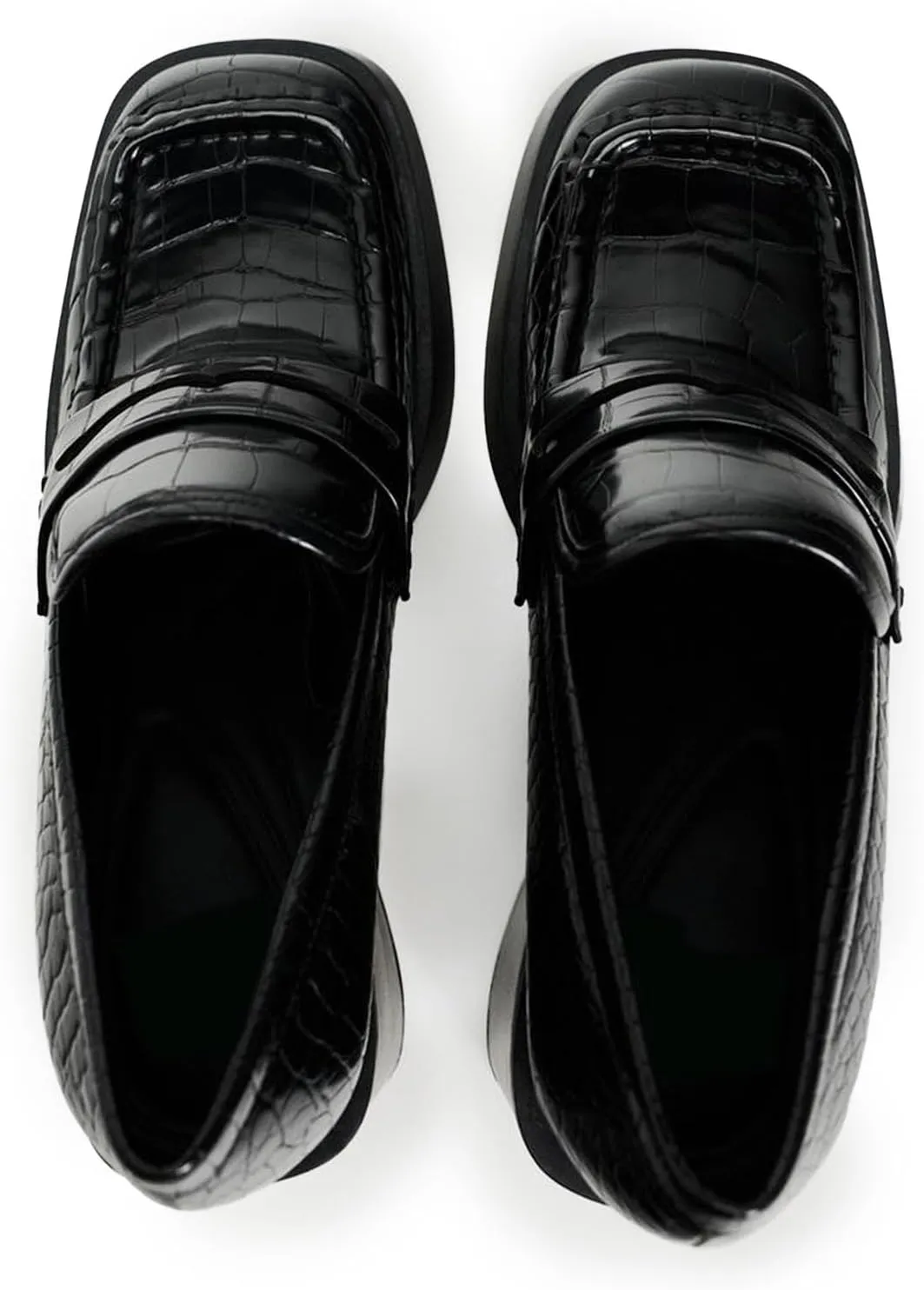 Women's Chunky Low Heel Loafer Pumps Square Toe Comfortable Slip-On Solid Single Shoes Platform Sole Crocodile Pattern Black