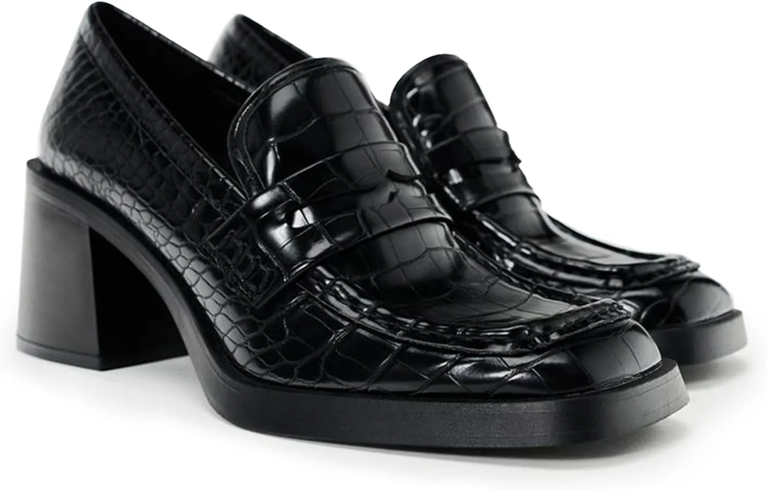 Women's Chunky Low Heel Loafer Pumps Square Toe Comfortable Slip-On Solid Single Shoes Platform Sole Crocodile Pattern Black