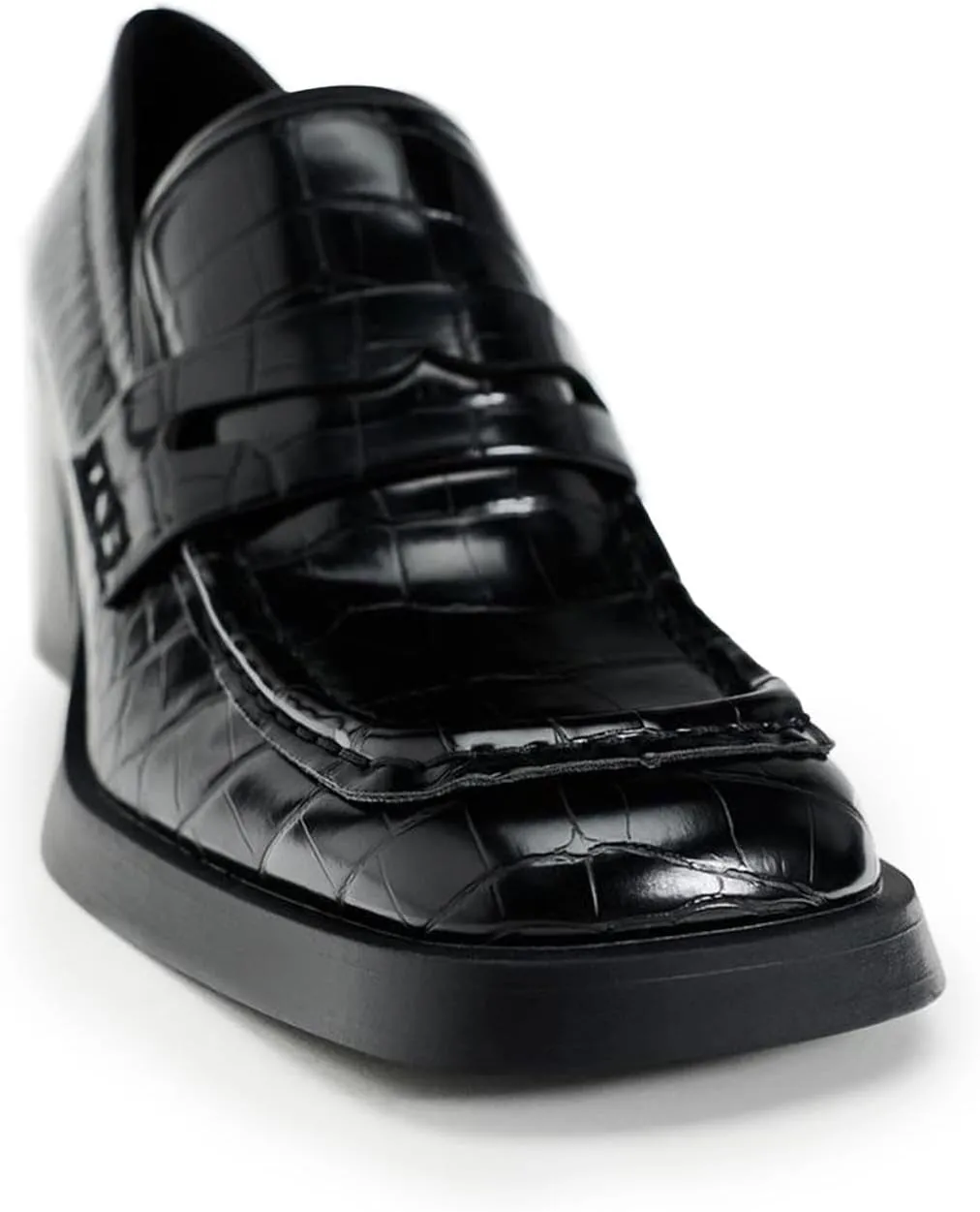 Women's Chunky Low Heel Loafer Pumps Square Toe Comfortable Slip-On Solid Single Shoes Platform Sole Crocodile Pattern Black