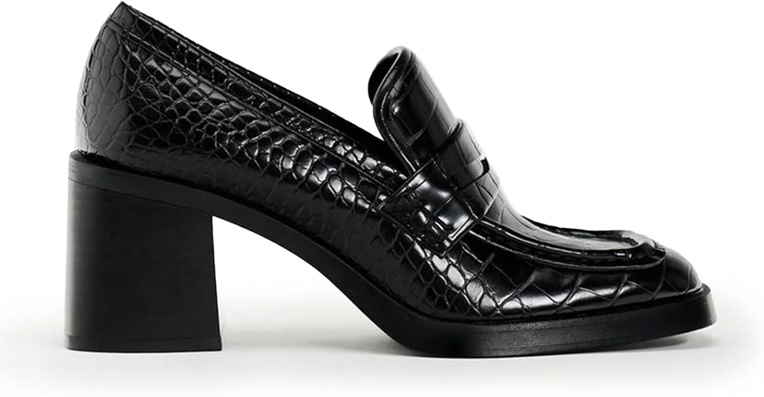 Women's Chunky Low Heel Loafer Pumps Square Toe Comfortable Slip-On Solid Single Shoes Platform Sole Crocodile Pattern Black