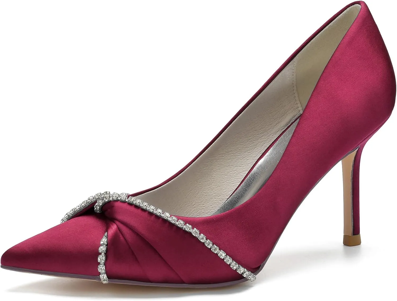Womens Closed Pointed Toe Heels Fashion Pleated Satin Slip On Backless Comfortable Wedding Dress Shoes