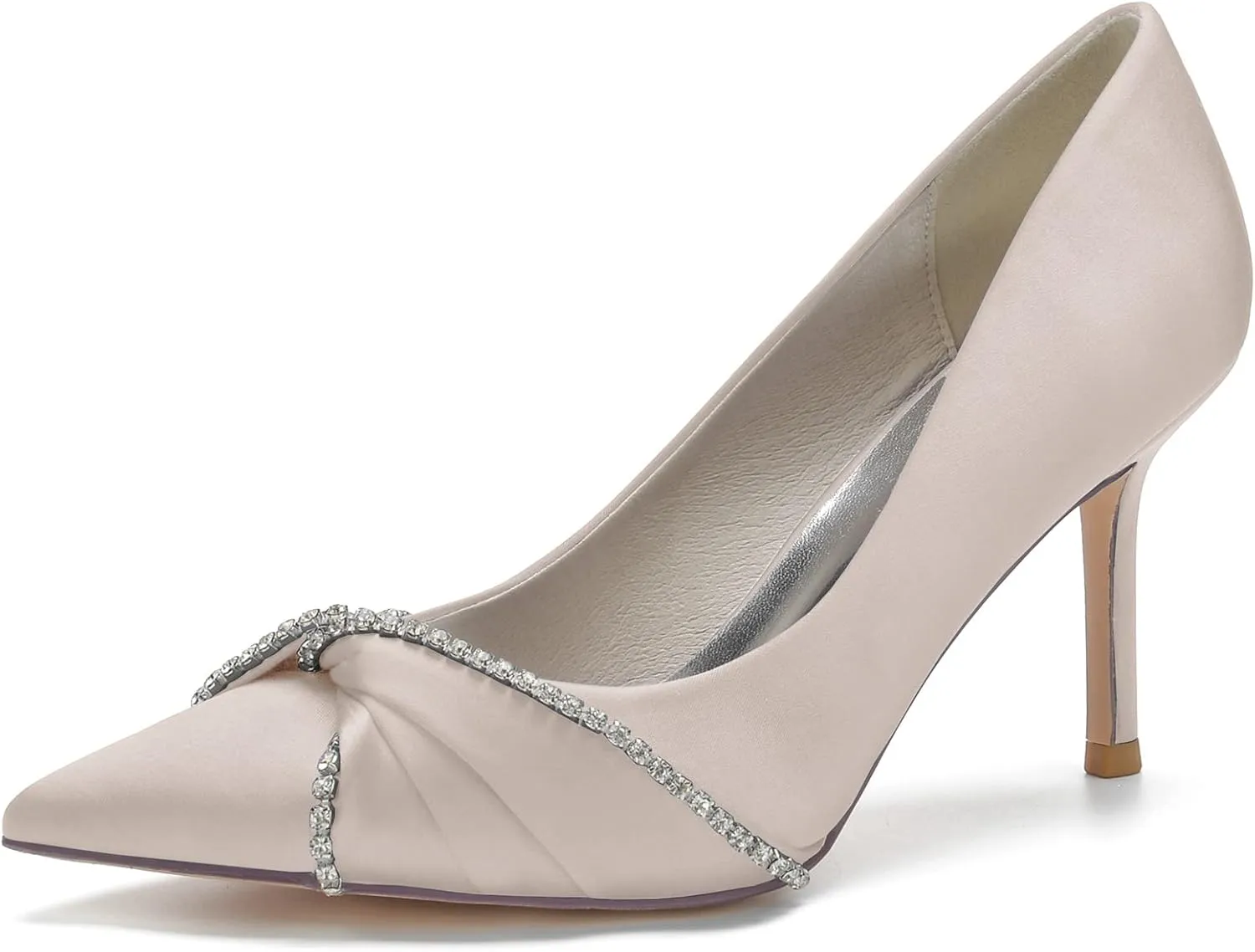 Womens Closed Pointed Toe Heels Fashion Pleated Satin Slip On Backless Comfortable Wedding Dress Shoes