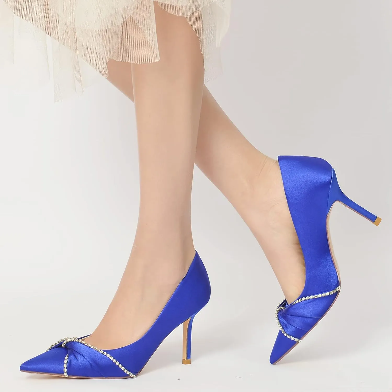 Womens Closed Pointed Toe Heels Fashion Pleated Satin Slip On Backless Comfortable Wedding Dress Shoes