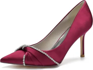 Womens Closed Pointed Toe Heels Fashion Pleated Satin Slip On Backless Comfortable Wedding Dress Shoes