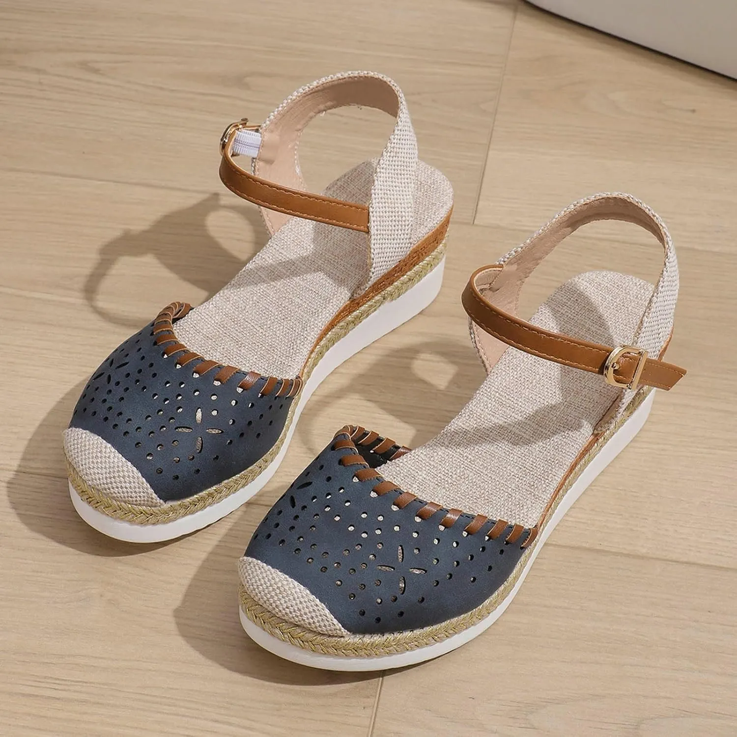 Women's Closed Toe Platform Sandals Fashion Orthopedic Wedge Sandals Casual Hollow Out Arch Support Sandal Comfortable Anti Slip Summer Shoes with Adjustable Buckle Ankle Strap