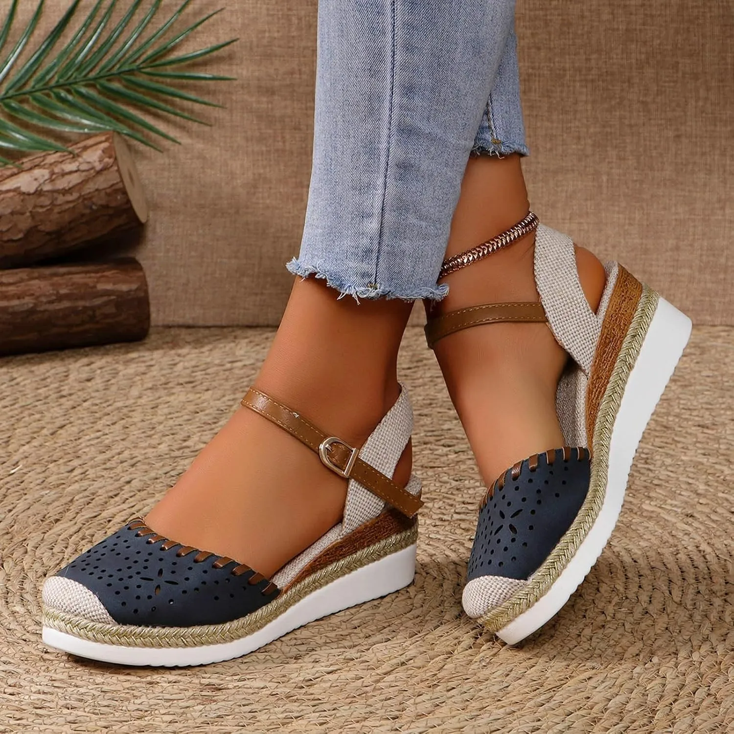 Women's Closed Toe Platform Sandals Fashion Orthopedic Wedge Sandals Casual Hollow Out Arch Support Sandal Comfortable Anti Slip Summer Shoes with Adjustable Buckle Ankle Strap