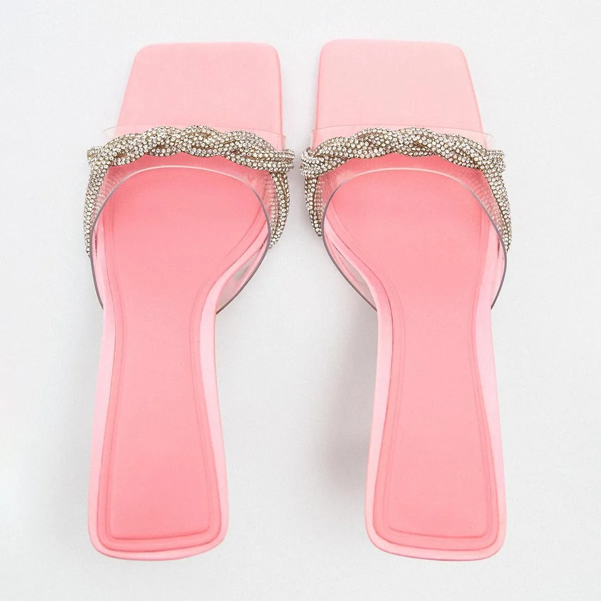 Women's Elegant High Heel Vinyl Mules for Women Rhinestone Braided Strap Square Toe Comfortable for All-Day Wear Sandals for Women