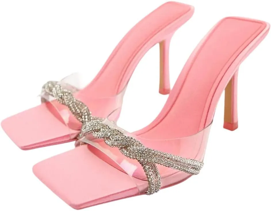 Women's Elegant High Heel Vinyl Mules for Women Rhinestone Braided Strap Square Toe Comfortable for All-Day Wear Sandals for Women