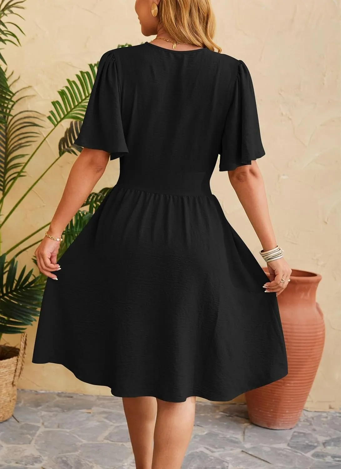 Women's Elegant V-Neck Solid Ruched Waist Half Sleeve Midi Dress 2025 Spring Stylish Flattering Fit Party Dresses Tunic