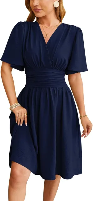 Women's Elegant V-Neck Solid Ruched Waist Half Sleeve Midi Dress 2025 Spring Stylish Flattering Fit Party Dresses Tunic