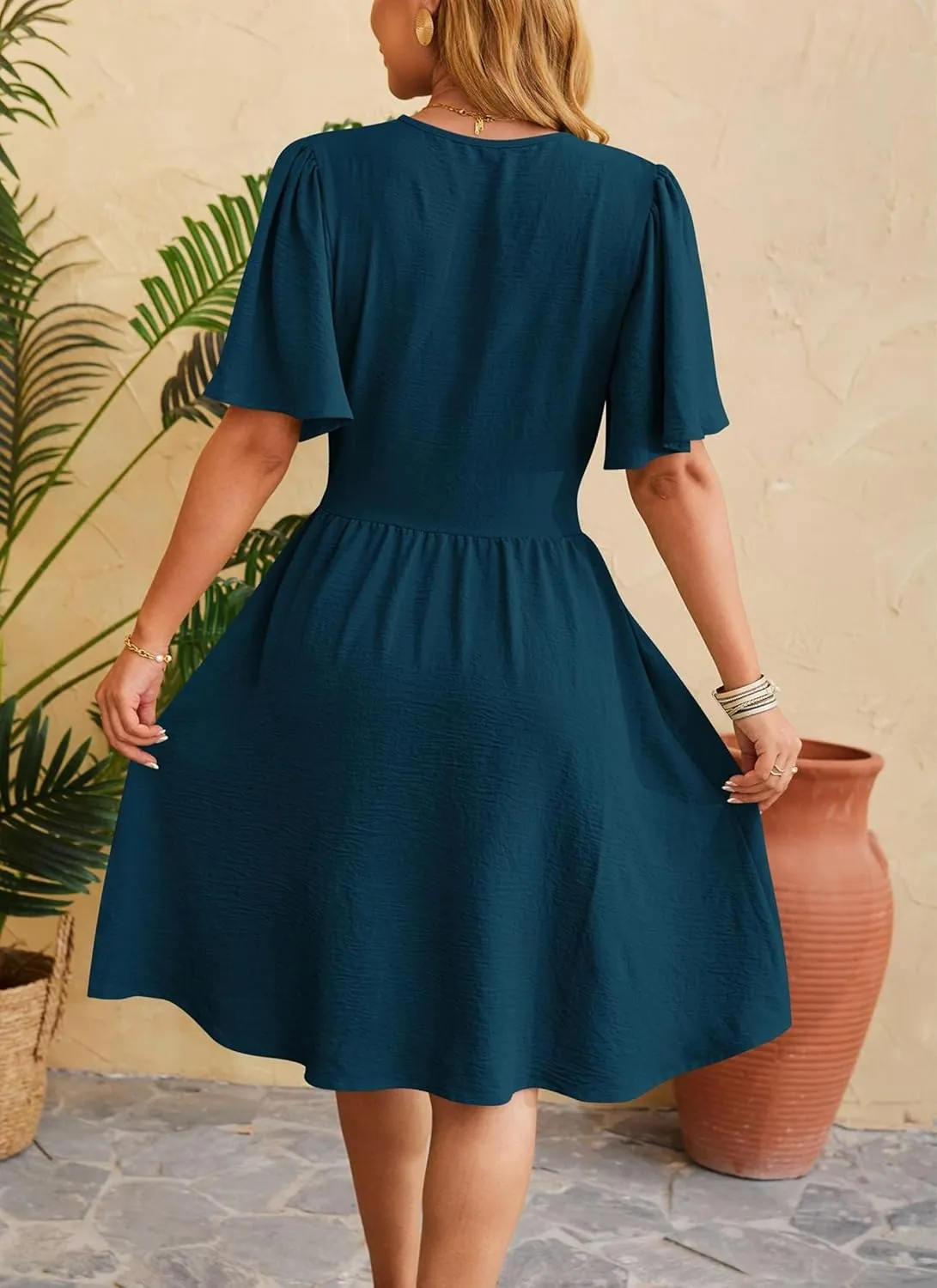 Women's Elegant V-Neck Solid Ruched Waist Half Sleeve Midi Dress 2025 Spring Stylish Flattering Fit Party Dresses Tunic