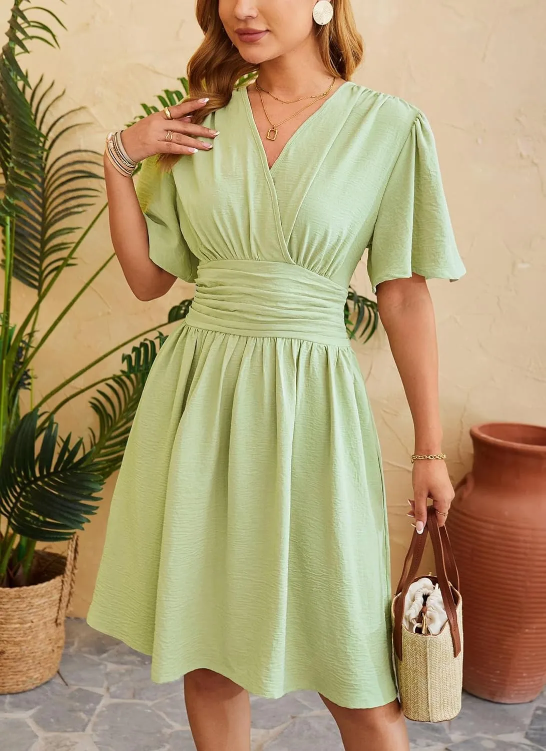 Women's Elegant V-Neck Solid Ruched Waist Half Sleeve Midi Dress 2025 Spring Stylish Flattering Fit Party Dresses Tunic