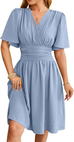 Women's Elegant V-Neck Solid Ruched Waist Half Sleeve Midi Dress 2025 Spring Stylish Flattering Fit Party Dresses Tunic