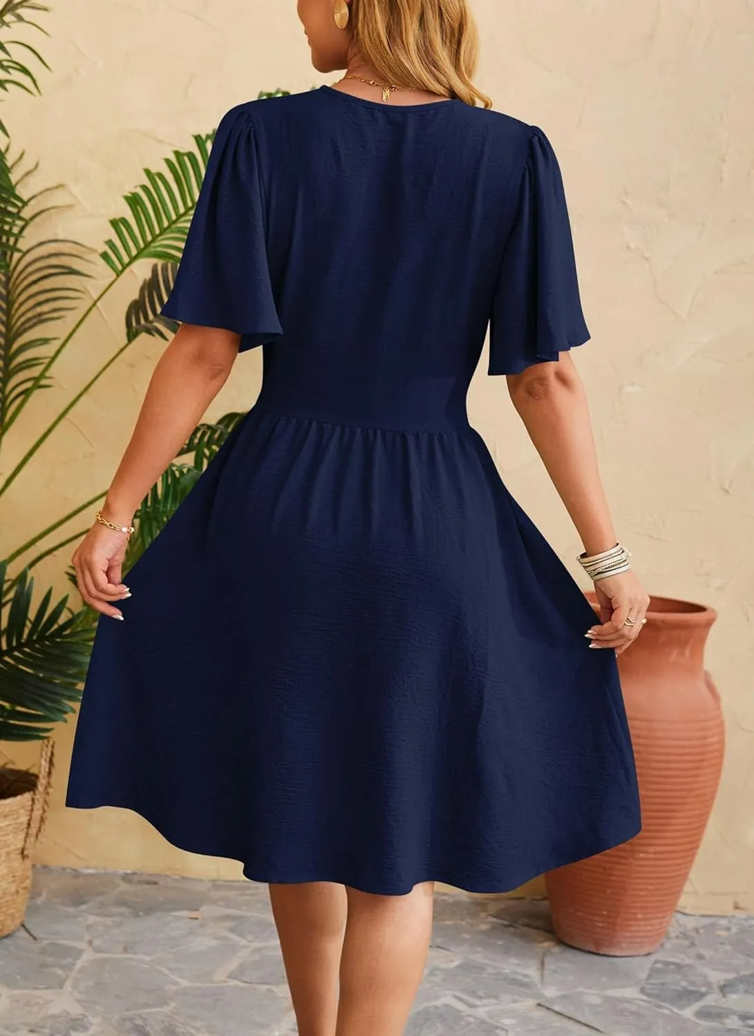 Women's Elegant V-Neck Solid Ruched Waist Half Sleeve Midi Dress 2025 Spring Stylish Flattering Fit Party Dresses Tunic