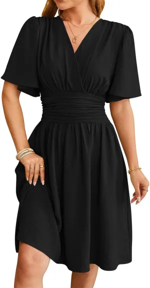 Women's Elegant V-Neck Solid Ruched Waist Half Sleeve Midi Dress 2025 Spring Stylish Flattering Fit Party Dresses Tunic