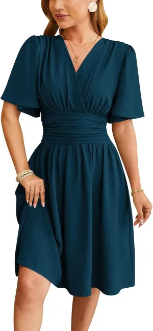 Women's Elegant V-Neck Solid Ruched Waist Half Sleeve Midi Dress 2025 Spring Stylish Flattering Fit Party Dresses Tunic