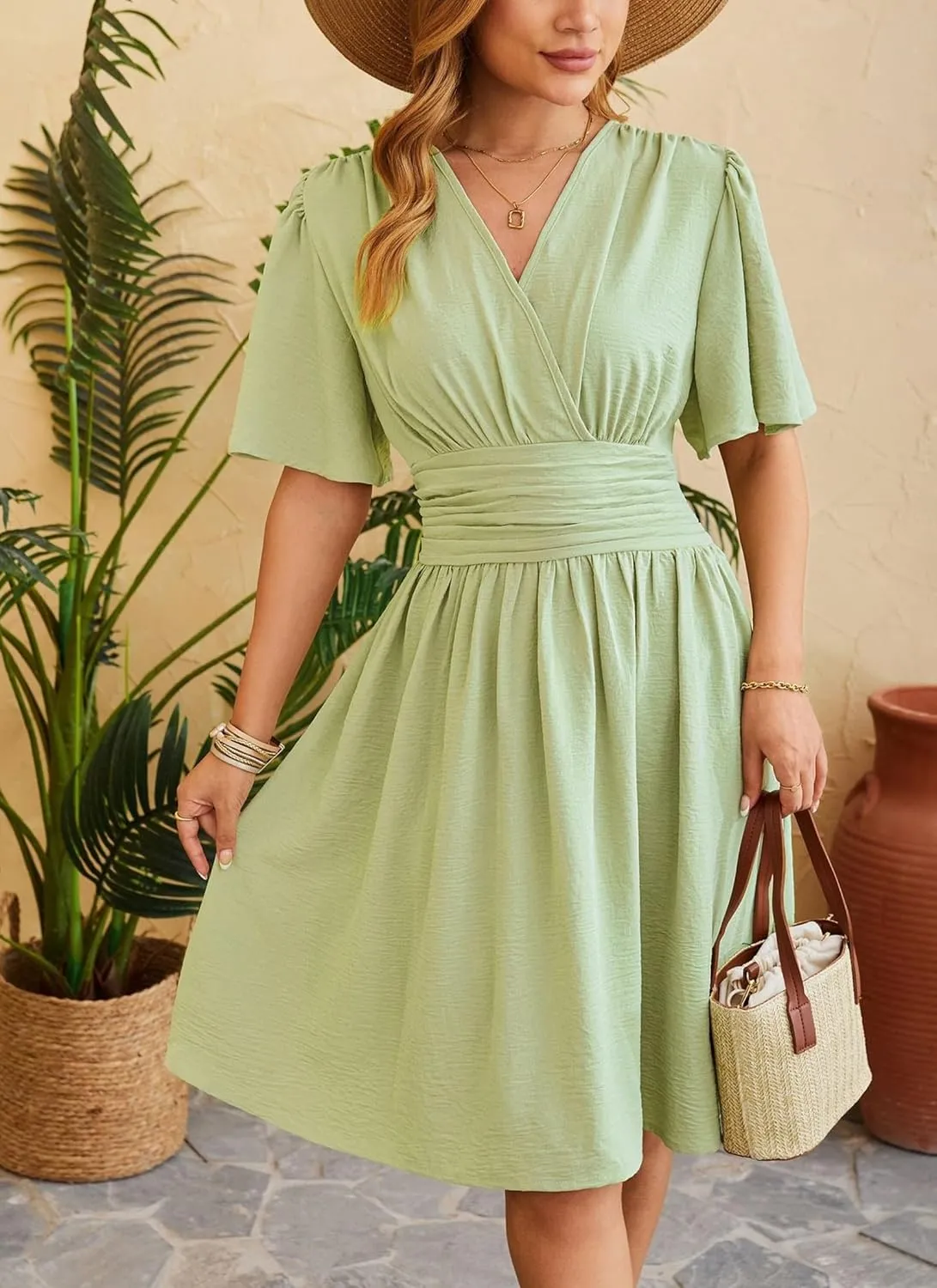 Women's Elegant V-Neck Solid Ruched Waist Half Sleeve Midi Dress 2025 Spring Stylish Flattering Fit Party Dresses Tunic