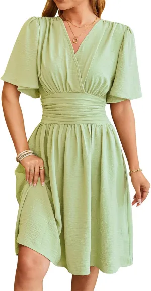 Women's Elegant V-Neck Solid Ruched Waist Half Sleeve Midi Dress 2025 Spring Stylish Flattering Fit Party Dresses Tunic