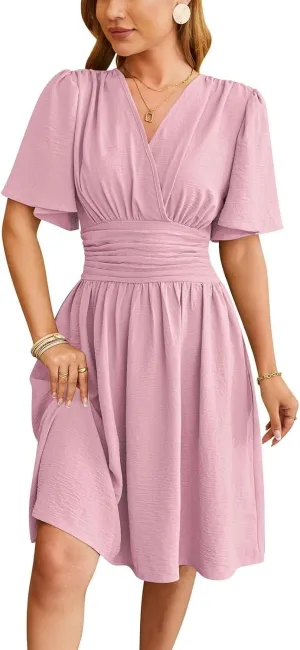Women's Elegant V-Neck Solid Ruched Waist Half Sleeve Midi Dress 2025 Spring Stylish Flattering Fit Party Dresses Tunic