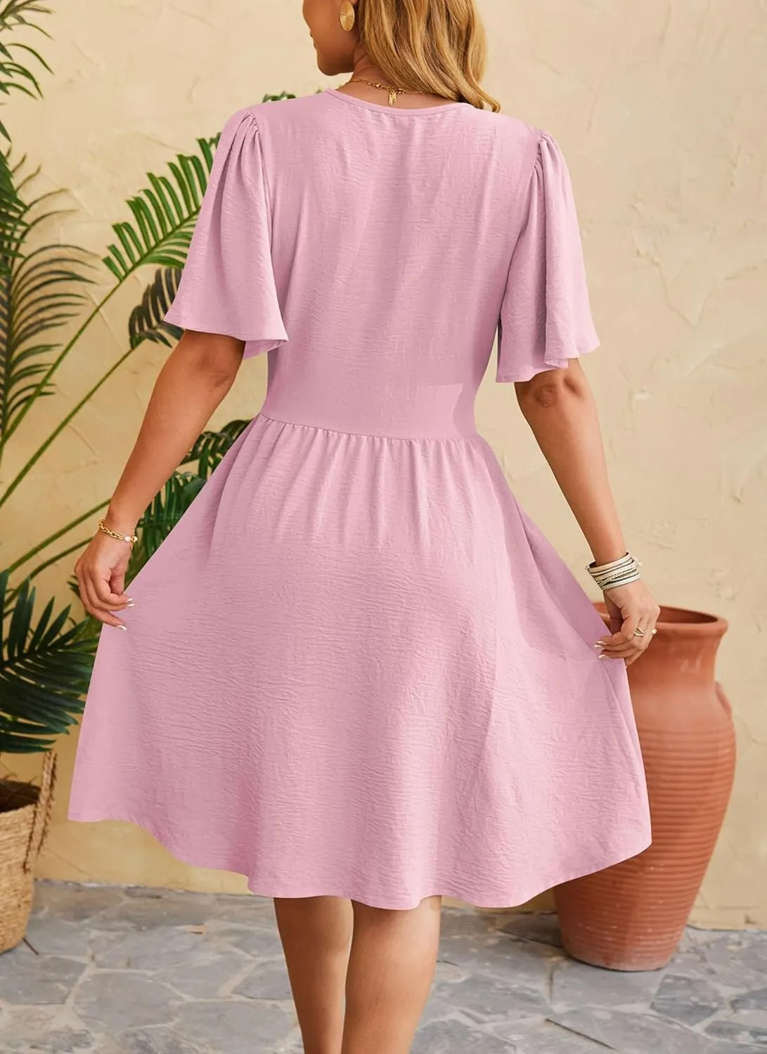 Women's Elegant V-Neck Solid Ruched Waist Half Sleeve Midi Dress 2025 Spring Stylish Flattering Fit Party Dresses Tunic