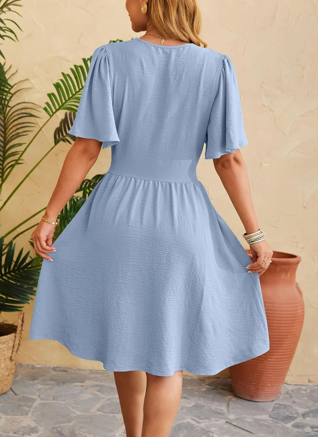 Women's Elegant V-Neck Solid Ruched Waist Half Sleeve Midi Dress 2025 Spring Stylish Flattering Fit Party Dresses Tunic