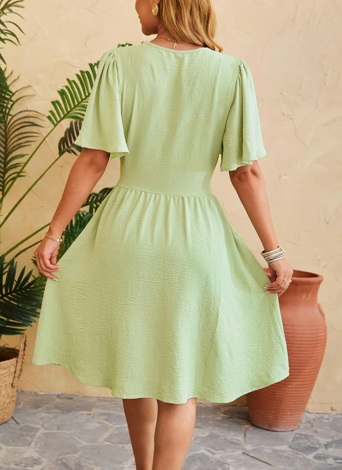 Women's Elegant V-Neck Solid Ruched Waist Half Sleeve Midi Dress 2025 Spring Stylish Flattering Fit Party Dresses Tunic