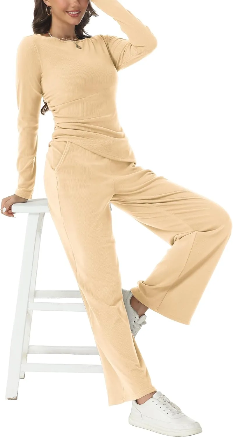 Women's Fall Two Piece Outfits Asymmetrical Long Sleeve T Shirt Wide Leg Pants Lounge Sets for Women Casual Tracksuit