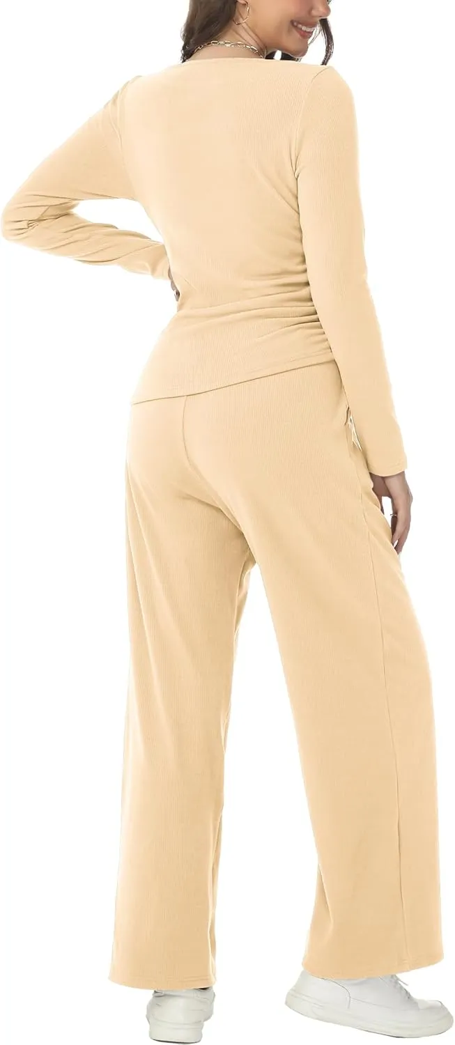Women's Fall Two Piece Outfits Asymmetrical Long Sleeve T Shirt Wide Leg Pants Lounge Sets for Women Casual Tracksuit
