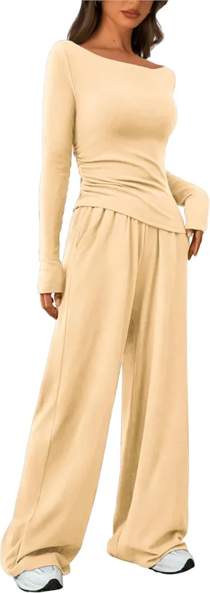 Women's Fall Two Piece Outfits Asymmetrical Long Sleeve T Shirt Wide Leg Pants Lounge Sets for Women Casual Tracksuit