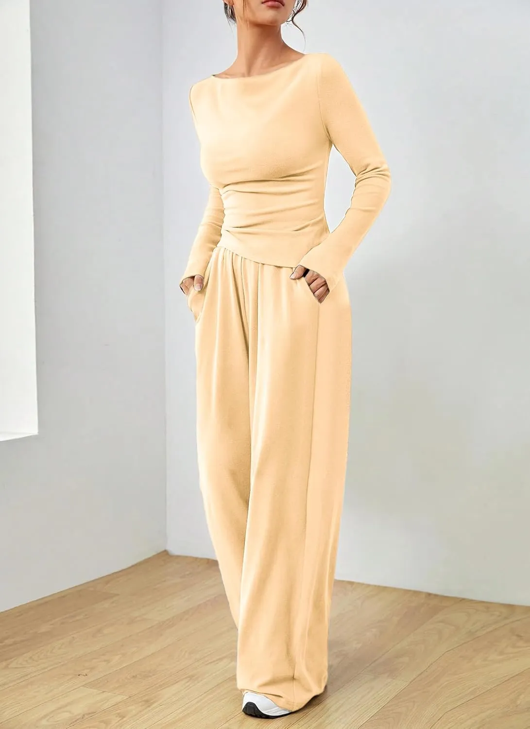 Women's Fall Two Piece Outfits Asymmetrical Long Sleeve T Shirt Wide Leg Pants Lounge Sets for Women Casual Tracksuit
