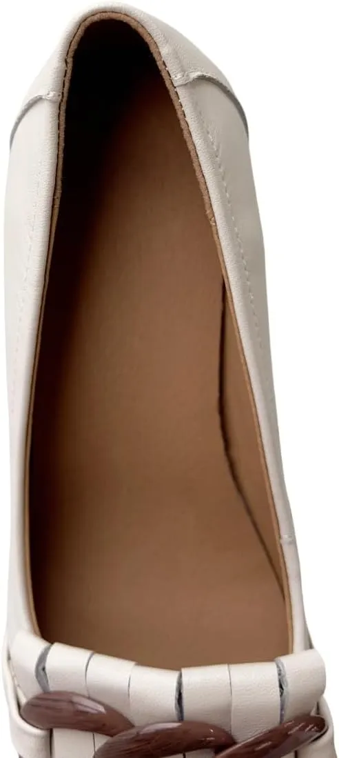 Women's Genuine Leather Square Handmade Tassels Chunky Heel Retro Loafers Shoes with Chain
