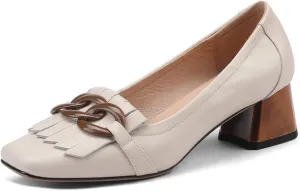 Women's Genuine Leather Square Handmade Tassels Chunky Heel Retro Loafers Shoes with Chain