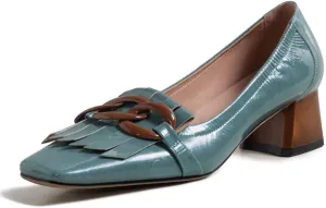 Women's Genuine Leather Square Handmade Tassels Chunky Heel Retro Loafers Shoes with Chain