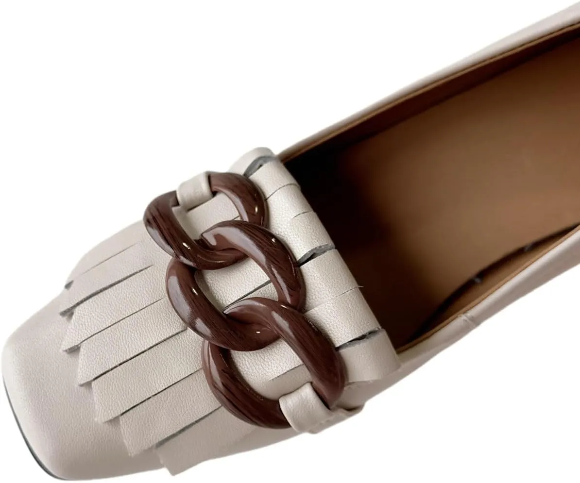 Women's Genuine Leather Square Handmade Tassels Chunky Heel Retro Loafers Shoes with Chain