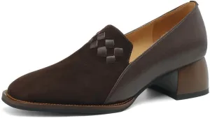 Women's Genuine Leather Square Toe Weave Patchwork Handmade Loafers Shoes