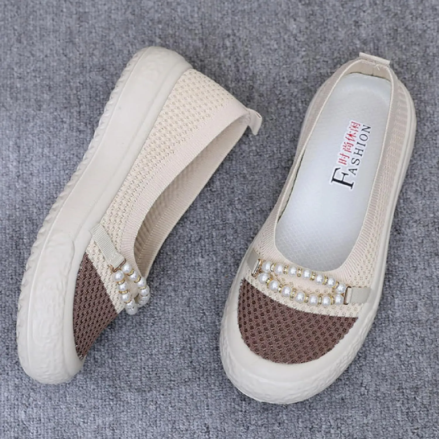 Women's Knit Pearl Platform Loafers Lightweight Comfortable Anti-Collision Round Toe Slip-On Soft Bottom Flat Shoes Casual Walking Mom Shoes