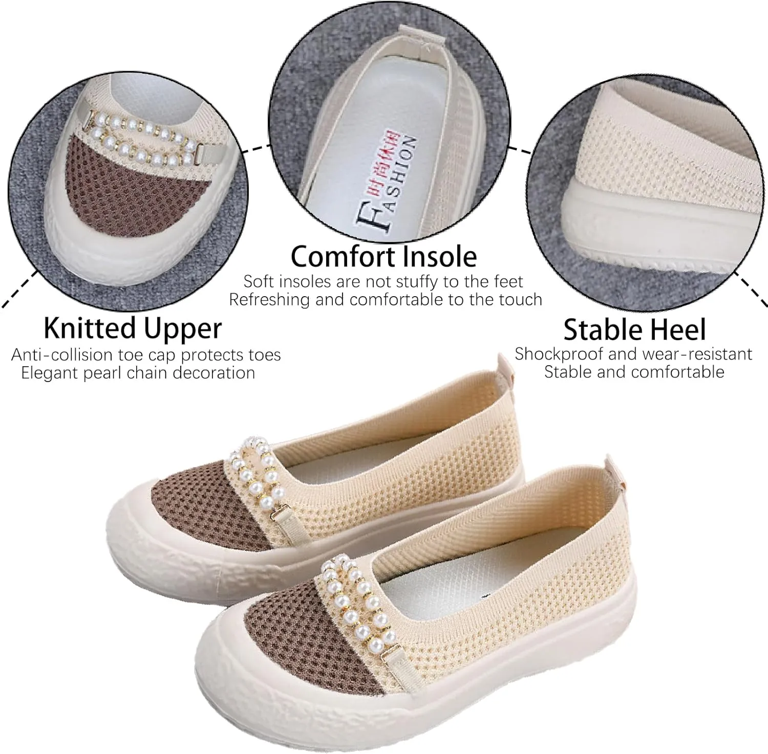 Women's Knit Pearl Platform Loafers Lightweight Comfortable Anti-Collision Round Toe Slip-On Soft Bottom Flat Shoes Casual Walking Mom Shoes