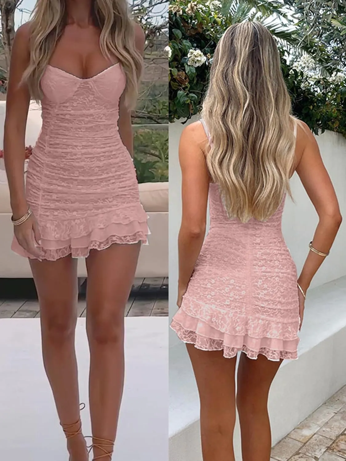 Women's Lace Fairy Dress Sleeveless Spaghetti Strap Solid Color Ruched Mini Dress Clubwear